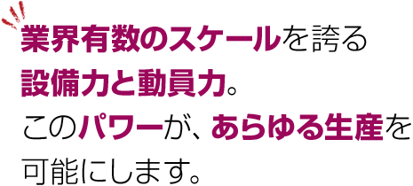 業界有数のスケールを誇る設備力と動員力。このパワーが、あらゆる生産を可能にします。